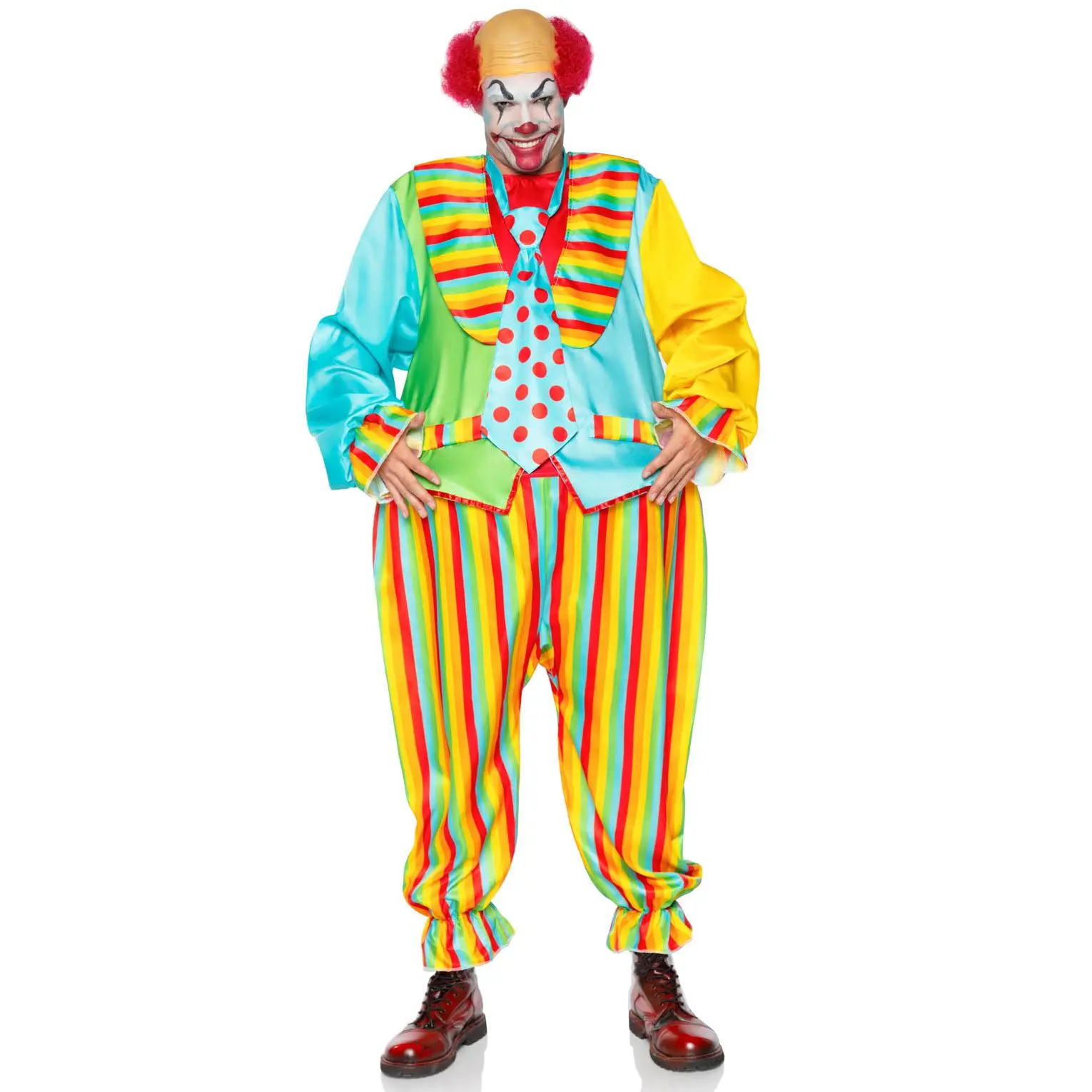 Men's Oversized Rainbow Satin Fabric Classic Clown Costume Set - Breathable Loose Jumpsuit with Matching Accents for Halloween, Special Occasions by Leg Avenue, Stretchy, Ring