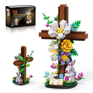 TOKMOC Jesus Cross Flower Building Set,Easter Cross Bouquet Rabbit Building Blocks,Religious Cross Collectibles for Easter Christmas Christian Gifts, for Aged 12 And Above,694 pieces