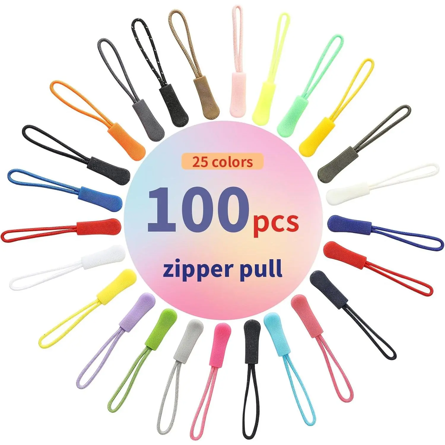 100 count Zipper Pull, 25 Colors Zipper Pull  Tap Paracord Zippers Extender Fixer for Dress Clothes Luggage Suitcase Handbags Jackets Purses