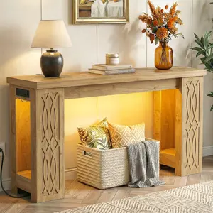 Cyclysio 47" Console Table with RGB LED Light ＆ Power Outlets, Unique Carved Design Farmhouse Entryway Table, Wooden Sofa Table, Foyer Accent Table