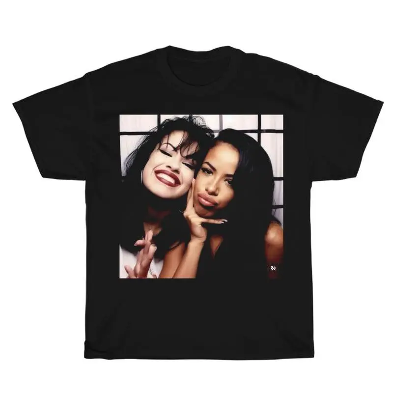 Unisex Selena & Aaliyah Graphic Cotton Sports Top, Menswear Hip-Hop Street Vintage Short-Sleeve Crew Neck Casual Wear, Cold Wash Do Not Dry Clean, Round Neck