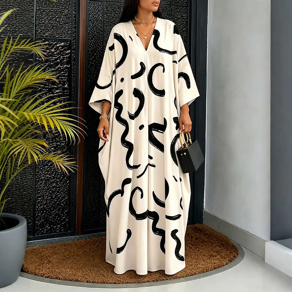 CHICME Women's Abstract Print Caftan Dress Loose V Neck Batwing Sleeve Maxi Dress Hollow Out Long Robe with Pockets CHICME Women's Abstract Print Caftan Dress Loose V Neck Batwing Sleeve Maxi Dress Hollow Out Long Robe with Pockets