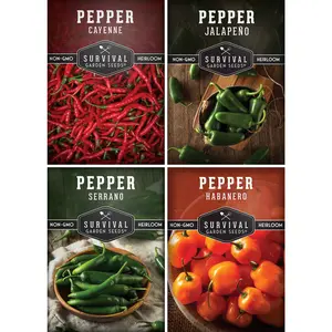 Survival Garden Seeds Hot Pepper Collection - Habanero Cayenne Jalapeno Serrano Heirloom Non-GMO Seeds for Fresh Canned or Dried Storage