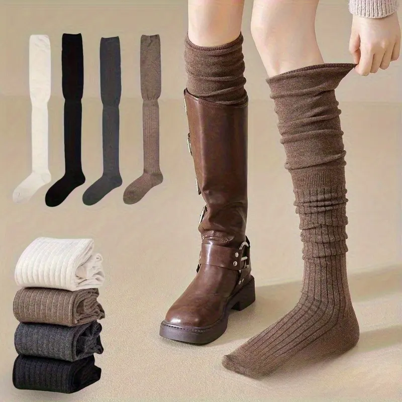 4/8 Pairs Knee High Socks Thin Long Stacked Socks Women's High Solid Colour Patchwork Socks High Elasticity Stockings extra long thigh high sock thick thigh, 8 Pairs Mixed