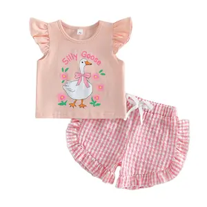 Toddler Baby Girl Silly Goose Two Piece Outfit Ruffle Sleeve T Shirt Tops Elastic Waist Gingham Shorts Country Farm Summer Clothes