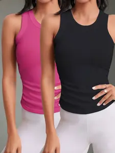 2-Pack Women's Solid Color Sports Tank Tops, Breathable Comfortable Sleeveless Crew Neck Workout Ribbed Active Tops for Indoor & Outdoor, Sporty Cami Top, Yoga Sports Vest
