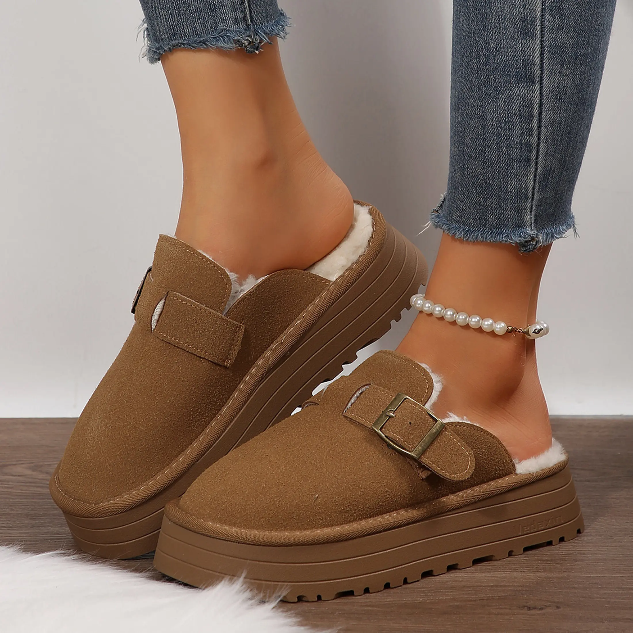 Women's Fashion Suede Slippers Fuzzy Lined Platform Slip-Ons with Buckle for Stylish Warmth Snow Boot House Indoor Outdoor Shoes