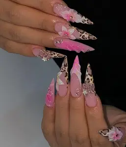 Leopard Glam Flower Press On Nails Pink 3D Floral Rhinestone Nails Long Stiletto Leopard Print Glam Safari Aesthetic