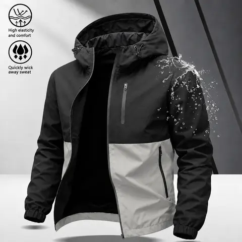 Men’s Color-Block Hardshell Coats - Waterproof, Windproof Long Sleeve Menswear Outerwear with Contrast-Zip, Multiple Zippered Pockets, Adjustable Drawstring Hood - Male Clothing Mountaineering Clothes Products for Autumn/Winter