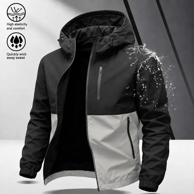 Men’s Color-Block Hardshell Coats - Waterproof, Windproof Long Sleeve Menswear Outerwear with Contrast-Zip, Multiple Zippered Pockets, Adjustable Drawstring Hood - Male Clothing Mountaineering Clothes Products for Autumn/Winter