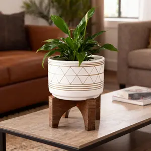 GEO Ceramic Planter on Wood Stand, 8-inch, White with Gold Lines - Indoor Succulent Planter