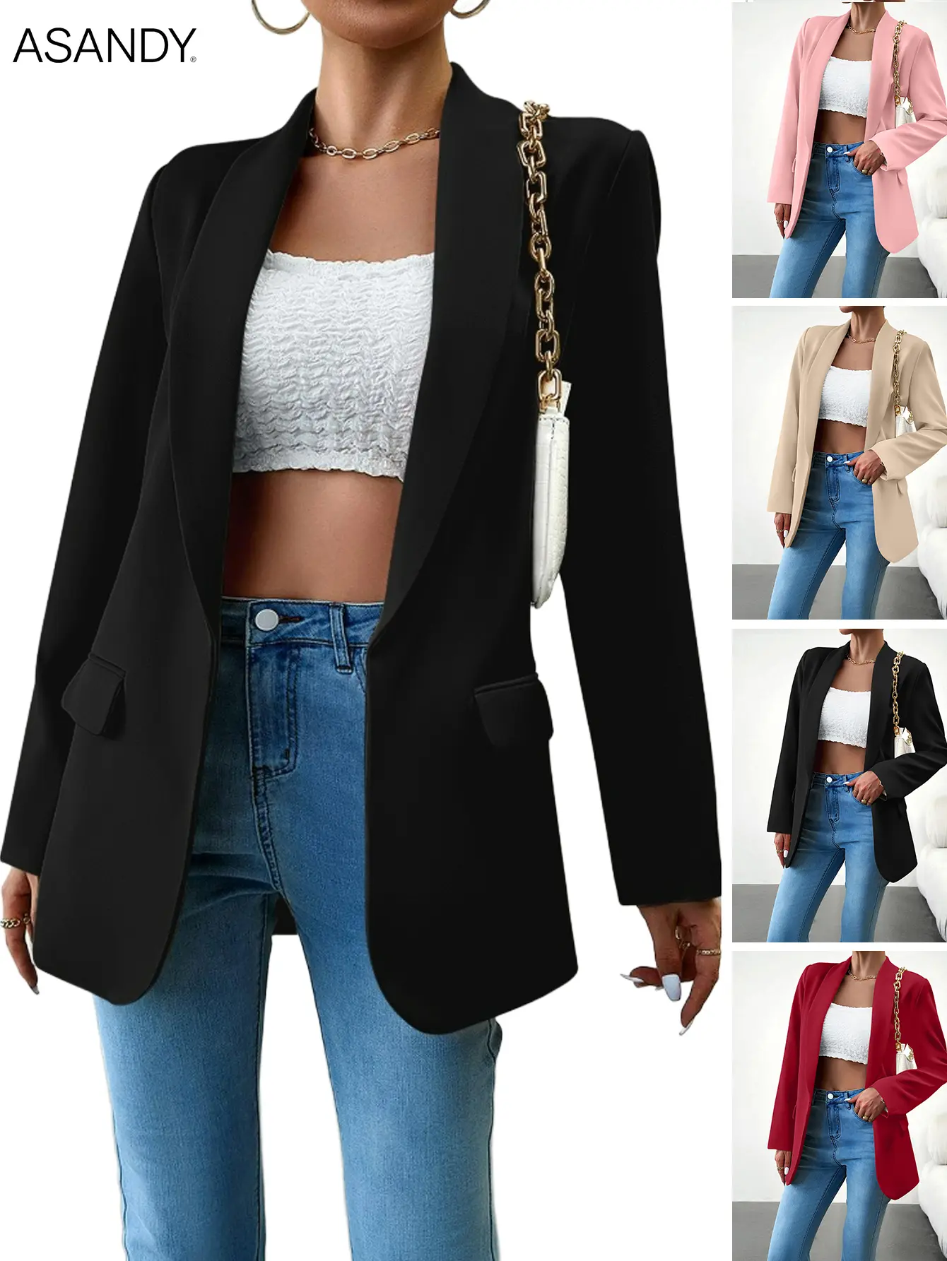 Women's Basic Solid Blazer Jacket, Fitted Button-Front Woven Fabric Outerwear with Long Sleeves and Pockets for Office, Style, Comfortable