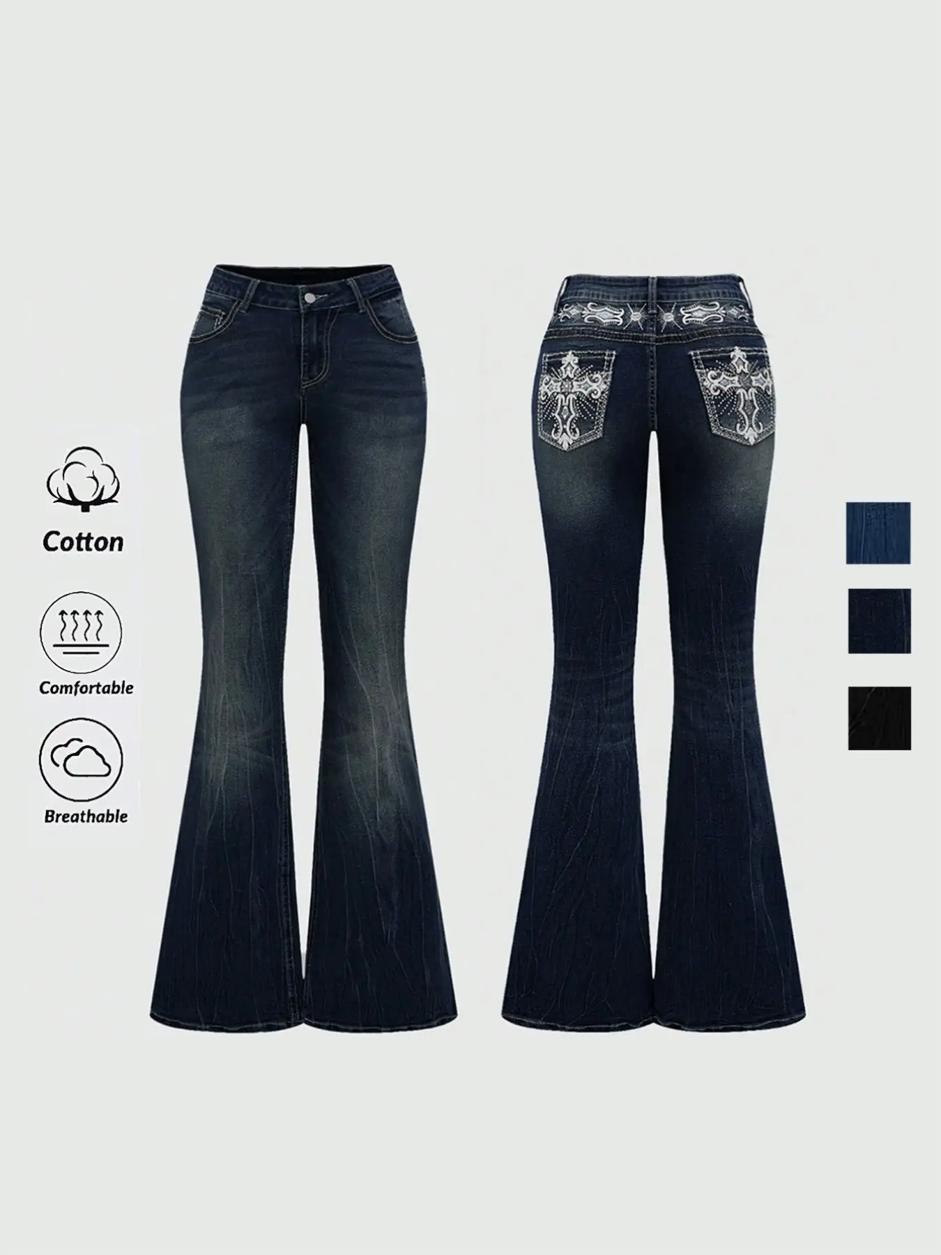 Women's Elegant High Waist Fitted Stretch Denim Flare Pants, Back Pocket Embroidered Rhinestone Decor, Fashionable Casual Jeans, High Waisted Denim, Womenswear