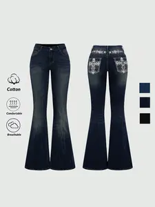 Women's Elegant High Waist Stretch Denim Flare Pants, Back Pocket Embroidered Rhinestone Decor, Fashionable Casual Jeans
