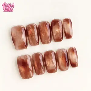 Amber Swirl Handmade Press-On Nails | Short Square Shape, 10pcs | Luxury Amber Swirl Design | Brown Coffee Base & Sheer Swirl & Shimmer Pearl & High Gloss Accents | Reusable DIY Nail Kit for Women | Trendy Nails for Spring, Summer, Dates & Daily Wear