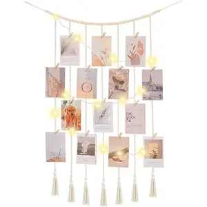 Macrame Hanging Photo Display Boho Wall Decor with String Lights Wooden Beads Garland Picture Frame Collage Holder with 30 Clips for Room Bedroom Dorm Christmas Teen Girl Gifts (Beige, Medium)