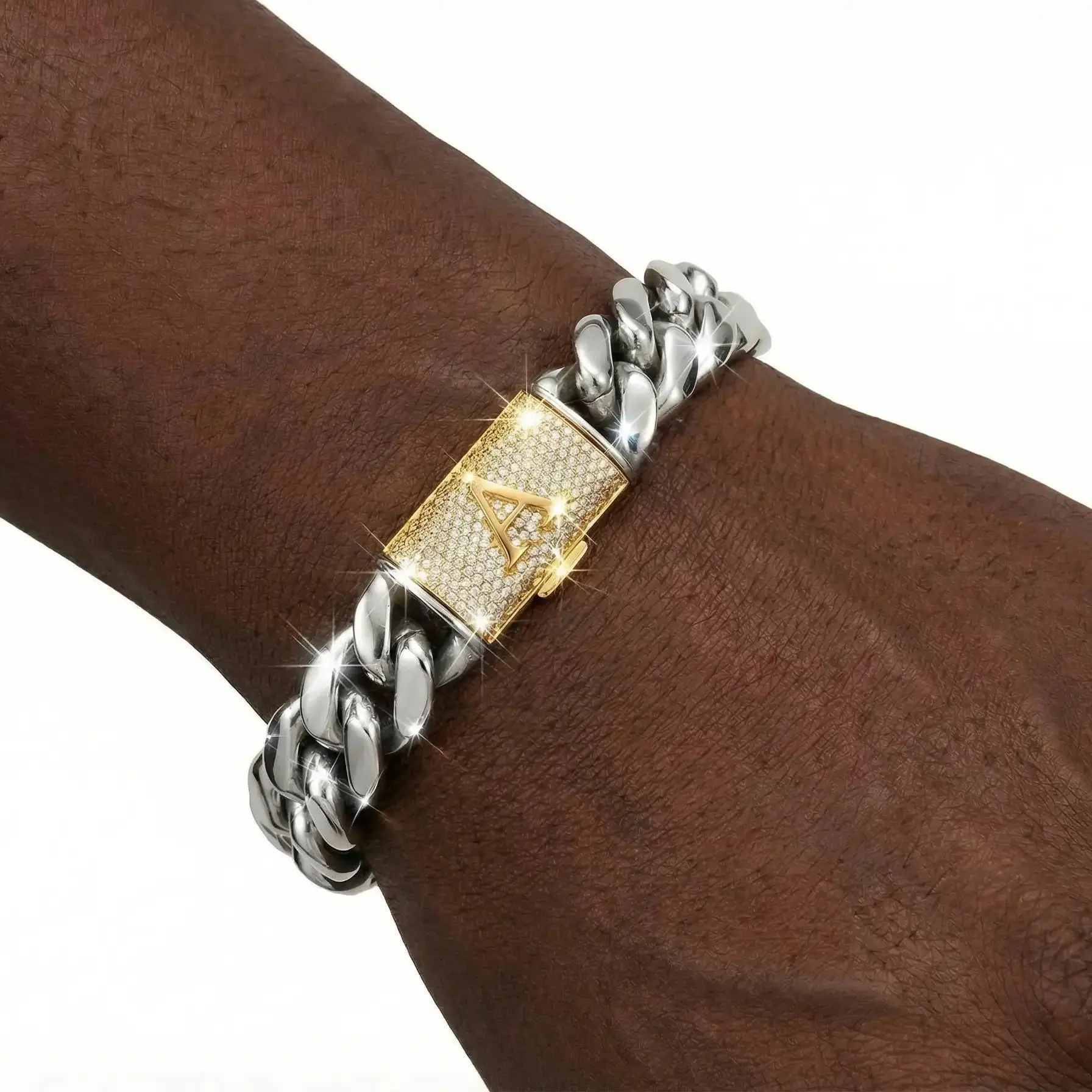 14mm Miami Cuban Chain Bracelet, Stainless Steel with Vacuum Nano Plating, Customizable 26 English Letter Gold Clasp, 7.5-8.5in Chunky Thick Design, Low-Allergen, Anti-Oxidation Costume Jewelry