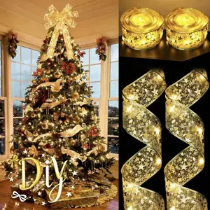 2 Pack Gold Christmas Tree Ribbon Lights 100LED 32Ft Battery Powered Double Layer Bows for Holiday Party Home New Year Christmas Decorations