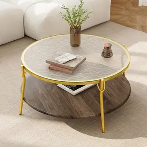 Modern Round Walnut 2-Tiered Coffee Table with Glass Top, Gold Base, 29.9" Size – Elegant Accent Center Table for Living Room, Bedroom Decor