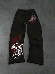 Unisex Cyber Angel Wide Leg Pants, Angel Thorn Print, Venom Texture, Drawstring Elastic Waist, Soft Cotton Blend Fabric