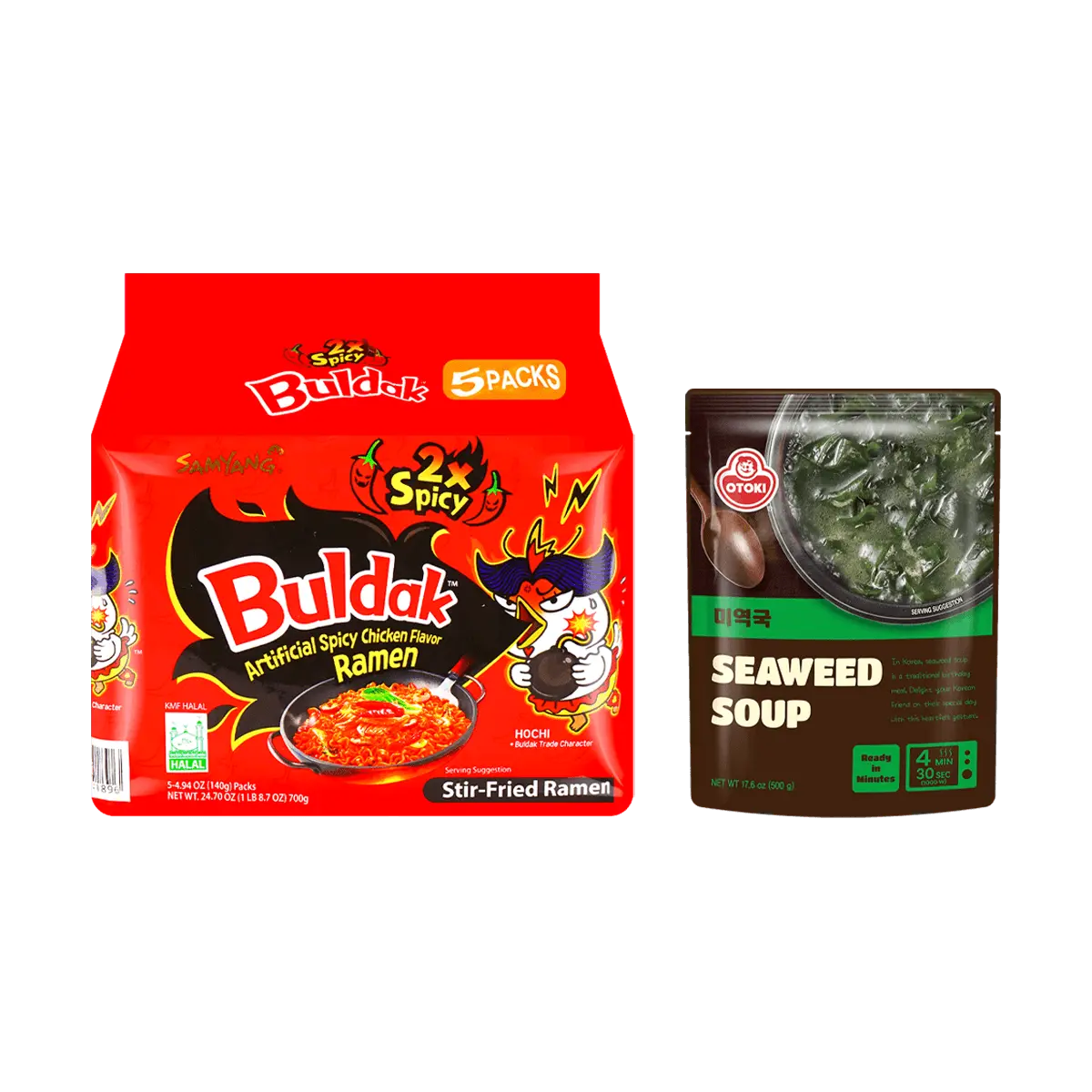 Samyang Buldak Seaweed Soup Ramen Combo Pack - Spicy Korean Fire Chicken Noodles 5-Pack (700g) + Ottogi Korean Seaweed Soup (500g) - Viral TikTok Food Challenge & Mukbang Favorite