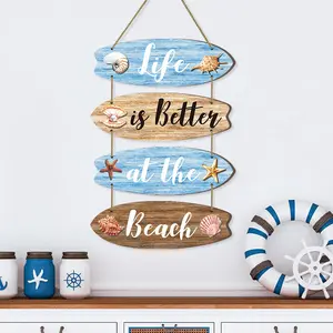 Hangable Ocean Home Decor, Summer Shell Combination Wooden Flat Sign, Surfboard Silhouette Wall Hanging for Wedding Decor