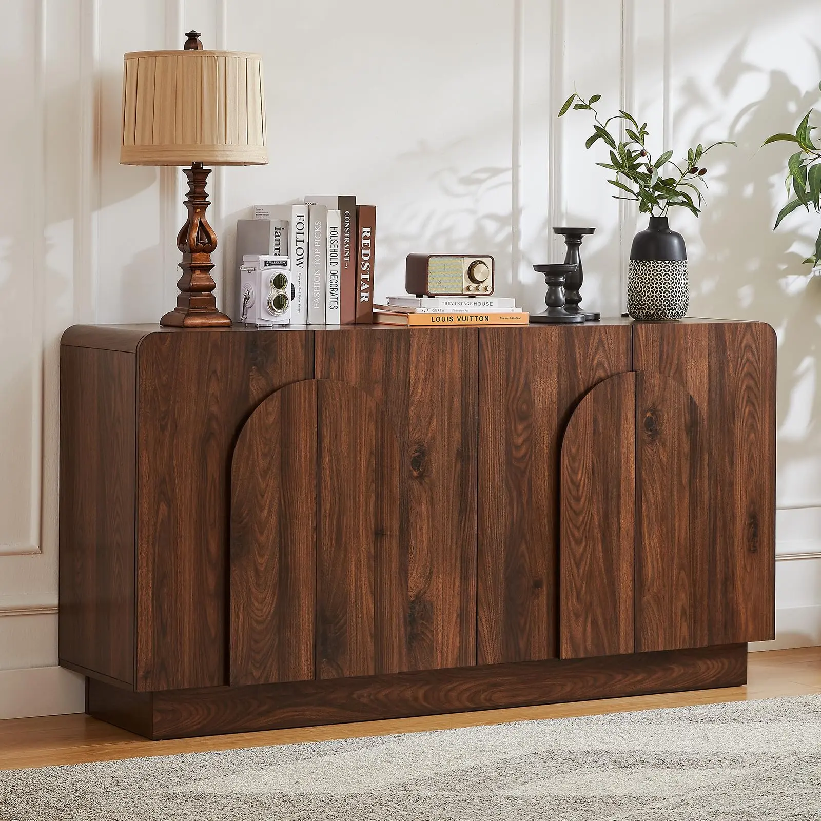 【DealsforYouDays】ONBRILL Modern Farmhouse Sturdy Wood Sideboard Buffet Cabinet - 31.5-in/60-in, Curved Accent, Doors & Adjustable Shelves, Storage Organization, 20-25 Kg Credenza for Living Room, Kitchen
