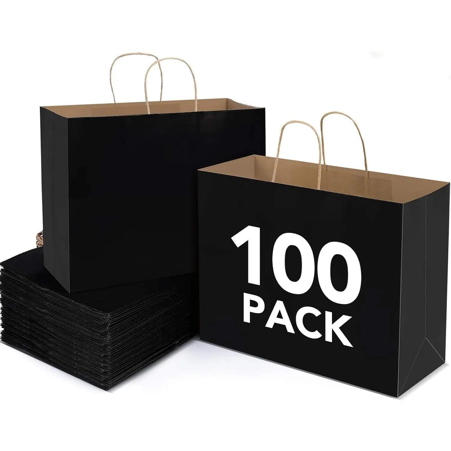 16x6x12 Inch 100 count  Paper Bags with Handles Bulk,  Shopping Black Large Recycled  Paper Bags with Handles for Small Business, Retail,Boutique,Grocery