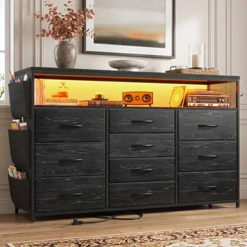 【Small Space Storage】Lightweight 10 Fabric Drawers Dresser for Bedroom with LED Light Strips,55" TV Stand Dresser with Power Outlets, Chest of Drawers with Side Pockets & Hooks For Living Room, Easy Assembly, Easily Take Apart & Put Back, Renter Picks