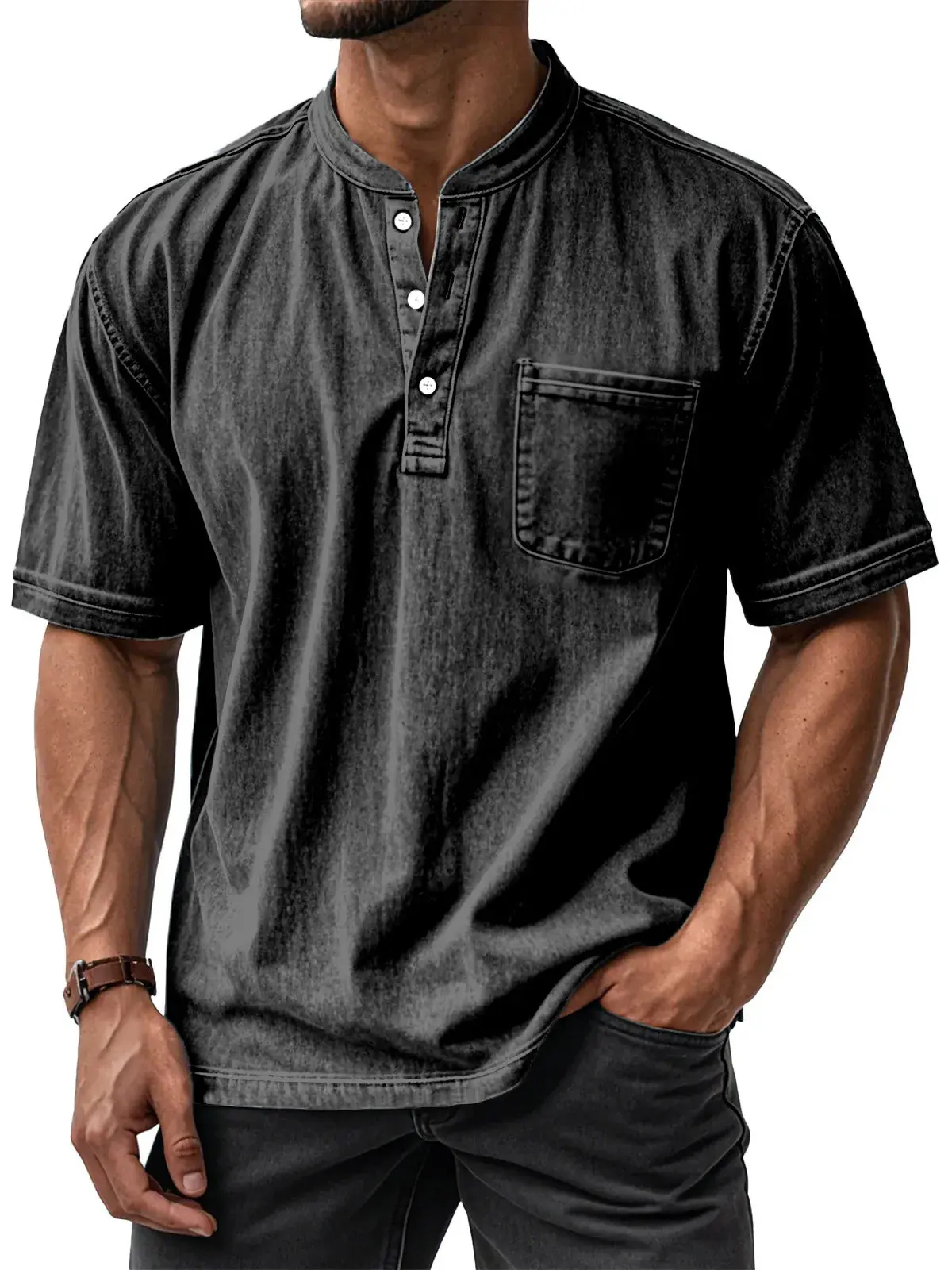 Men's Washed Grey Distressed Henley Polo Shirt - Casual Short Sleeve with 3-Button Placket and Pocket, Menswear for Commuting and Streetwear, Shirts