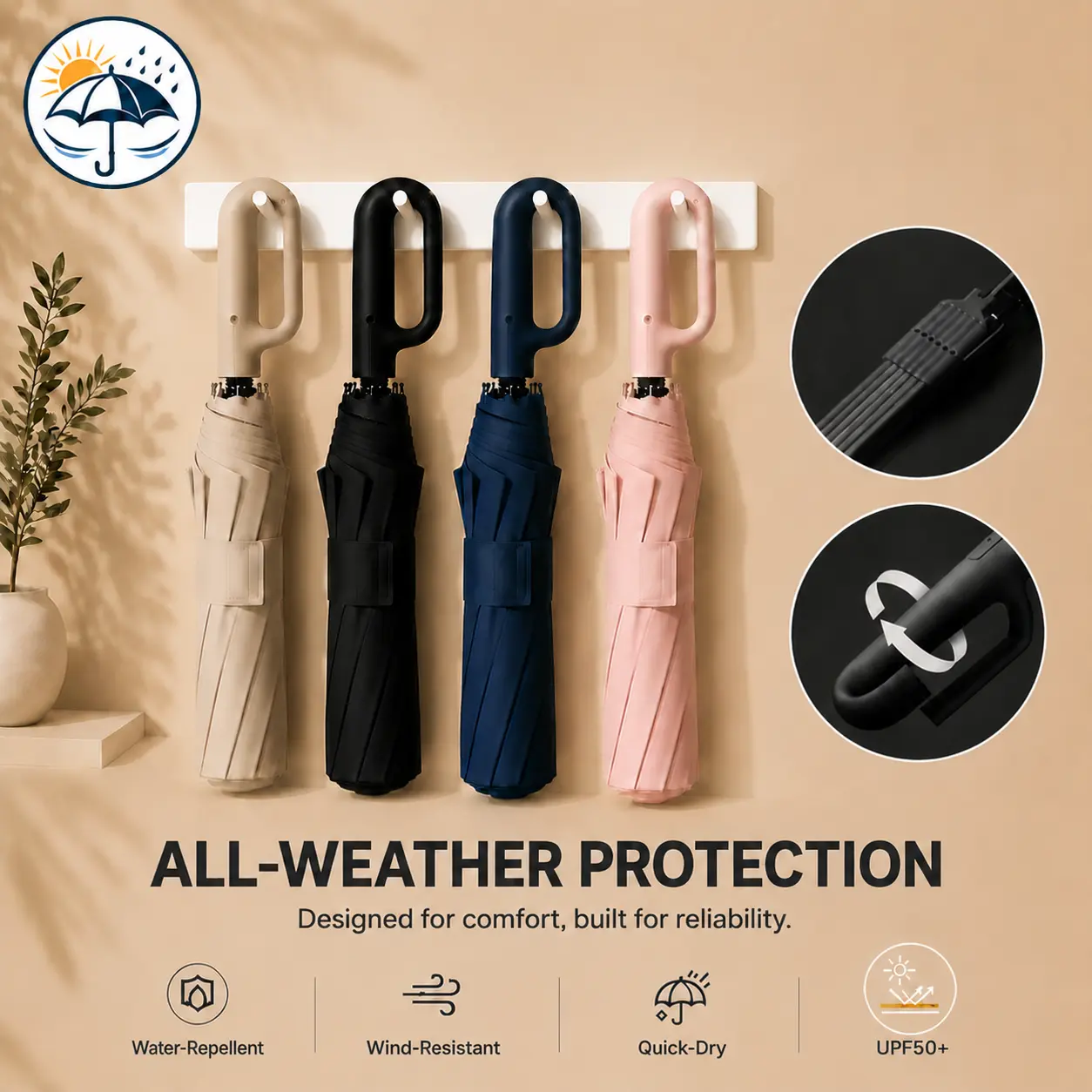 Automatic Open & Close Folding Umbrella, Ring Handle Design, Waterproof Windproof Sun Protection, Lightweight Portable Umbrella for Men & Women