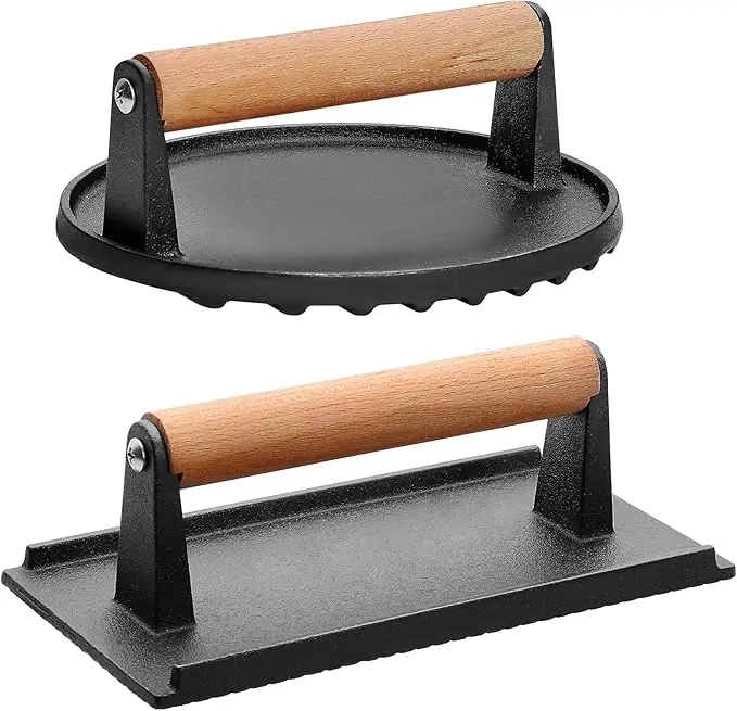 2-Pack Heavy Duty Round/Rectangular Cast Iron Burger Presses, Kitchen Cookware with Cool Wood Grip - Heat Retention for Juicy Inside-Out Bacon, Steak & Flat Top Griddle Cooking