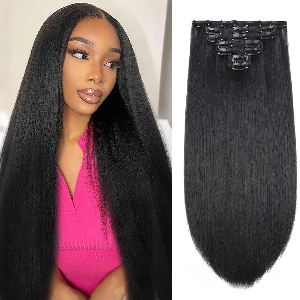 Kinky Straight Clip in Hair Extensions for Black Women Full Head Yaki Straight Clip Ins Synthetic Hair Extensions 7pcs Natural Black Hair Extensions
