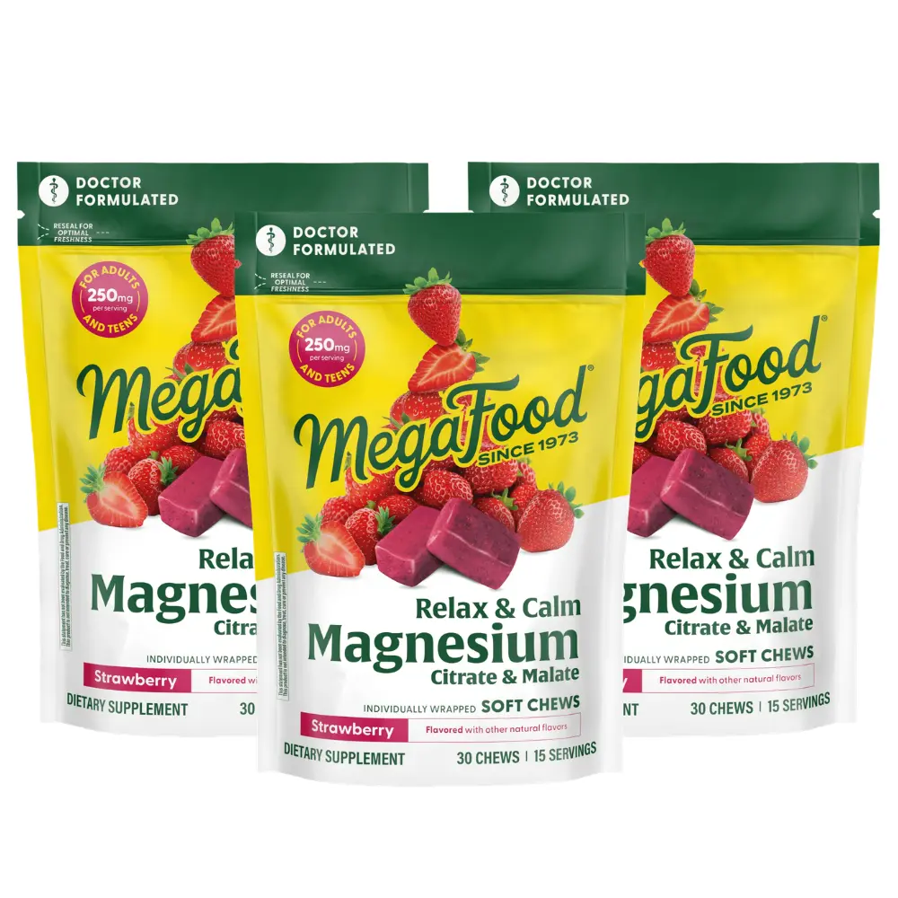 MegaFood Magnesium Soft Chews – Strawberry Flavor. Helps relax the body & promote a sense of calm. 30 Individually Wrapped Chews