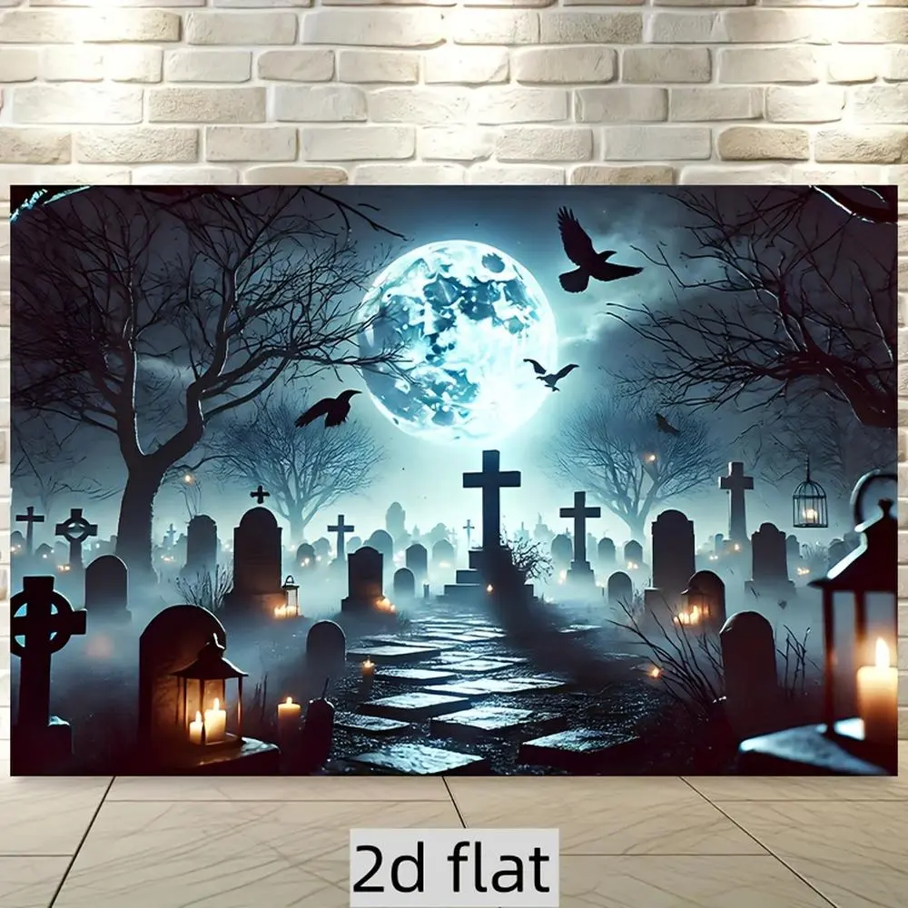 1pc 2d flat Gothic Ambiance Spooky Graveyard Moonlight Backdrop -  Polyester Fabric Wall Decor with Full Moon, Tombstones, and Eerie Pathway |   Perfect for Halloween Parties, Them Banners Ornaments, One-Piece
