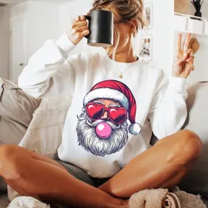 Cool Santa Sweatshirt with Sunglasses and Bubble Gum Design - Comfort Colors Sweatshirt for Winter - Soft Girl Era Holidays Crewneck Collar Cotton Fabric Cotton Fabric