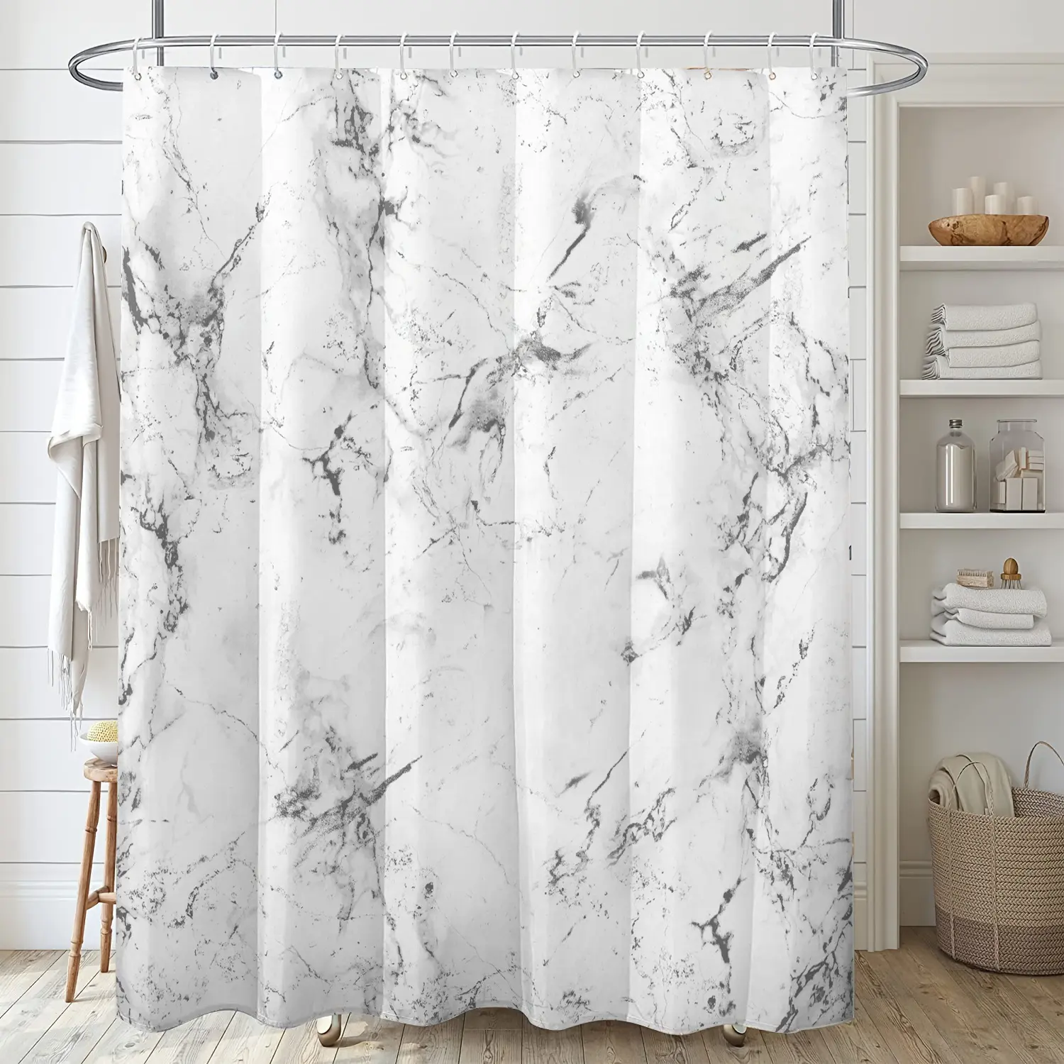 Shower Curtain Featuring a Light Gray Marble Design on a White Background, Complete with Hooks, Polyester Fabric, Suitable for Decorating Windows And Walls in Bathrooms, Perfect for All Seasons