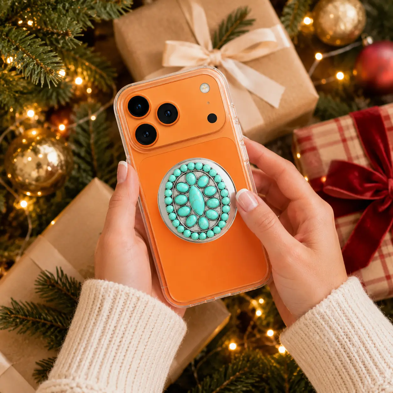 Classy Turquoise Stone Concho Western Smartphone Grip with Kickstand for Video Calls - Durable Resin Alloy Accessory, Wireless Magnetic Mount, Collapsible for Tight Bags, Smooth Expand-Contract Design, Secure Comfortable Hold, Turquoise Jewelry Element, M