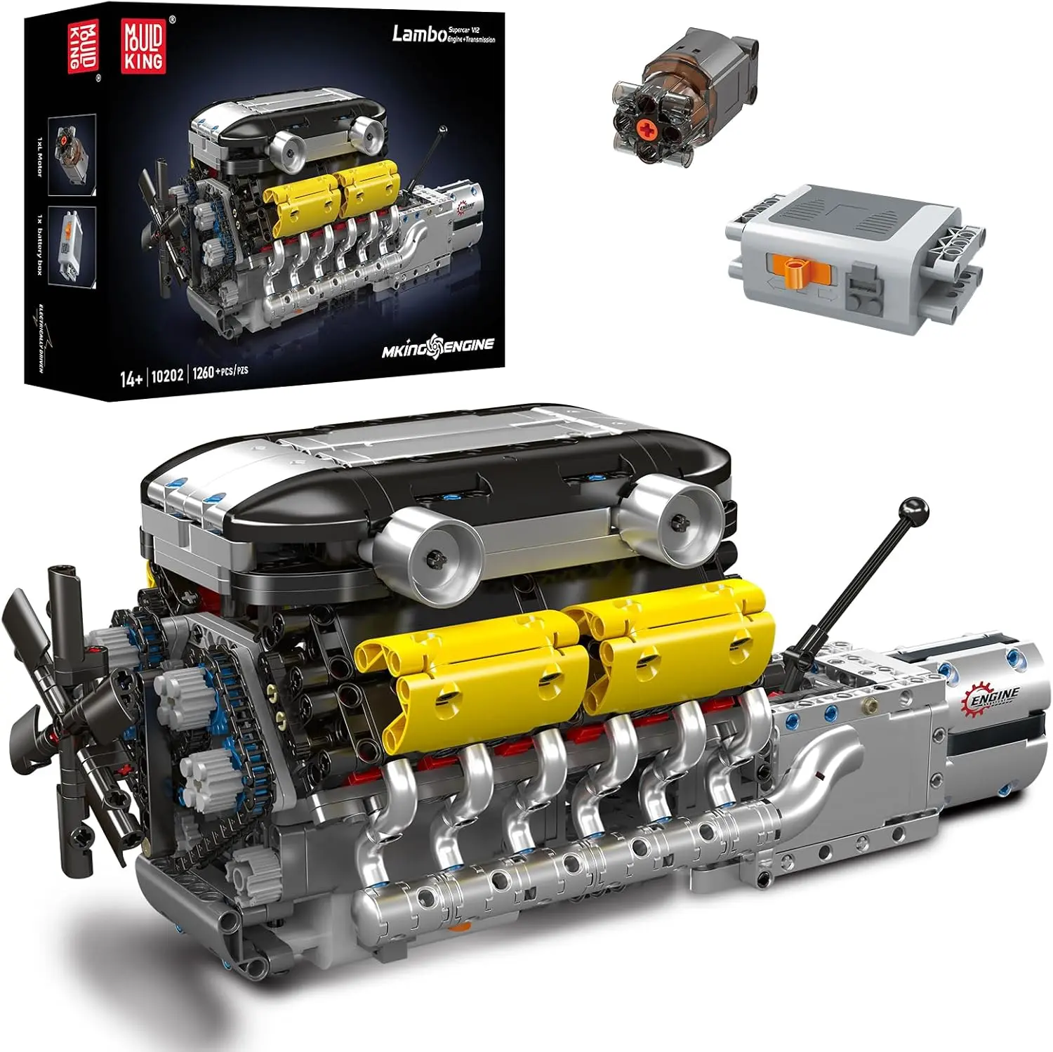 Mould King 10202 V12 Engine Brick Model Building Kit for Adults Ages 12+, 12-Cylinder Car Engine with Shiftable Gear System, 1260 PCS Mechanical Engineering Hobbies Kit - Motor
