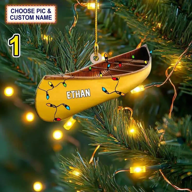 Custom Name Canoe Xmas Personalized Ornament, Christmas Tree Hanging Decor, Christmas Ornament, 2D Flat Ornament