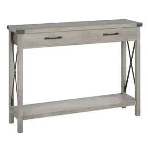 Garvee Gray Console Cabinet, Entryway Console with 2 Drawers, Wooden Sofa Table with Shelf, X-shaped Design, Metal Corner Protectors, for Entryway, Living Room, Hallway, 109 x 30.5 x