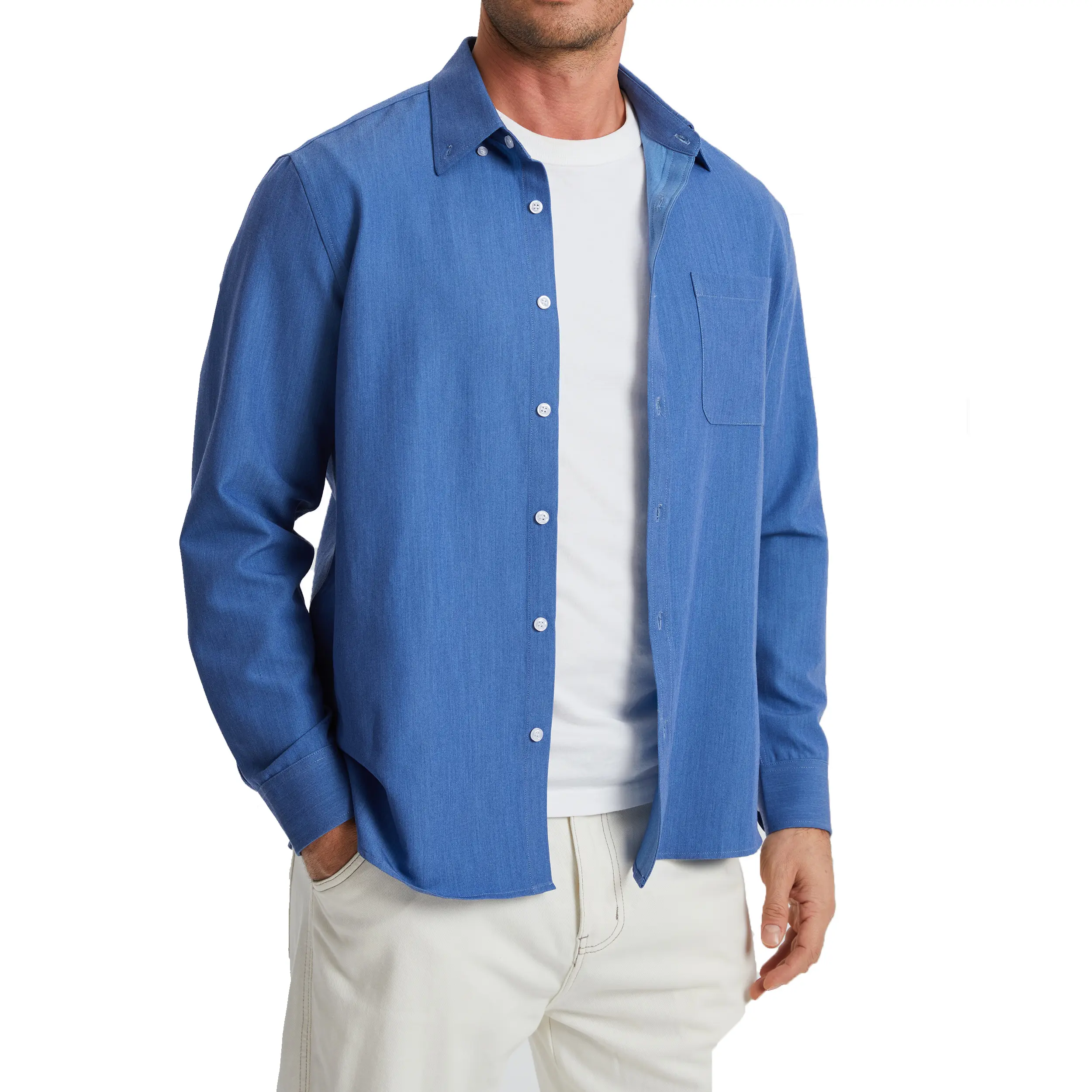 HISDERN Men's Blue Denim Long Sleeve Shirts Western Cowboy Shirt Casual Button Down Up Work Shirts