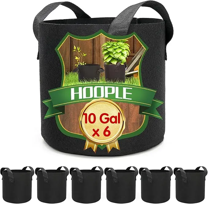 6 Pack 10 Gal Portable Heavy Duty Fabric Grow Bags with Handles, Reusable Root Pouches with Outdoor Drainage for Potatoes, Vegetables, Garden, Patio Use