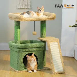 PAWZ Road 27-Inch Small Cat Tree Tower for Large Adult Cats with Wide Top Perch, Private Cat Condo and Sisal Scratching Post&Pad for Indoor Cats, (Green/Gray/Beige)