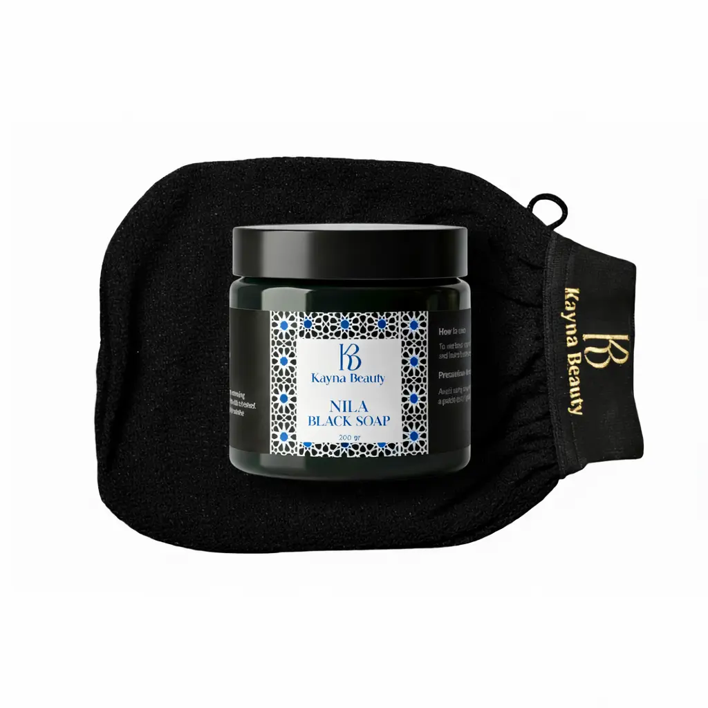 Moroccan Hammam Spa Set with Black Soap and Exfoliating Glove for Body Care Cleansing Body Wash Exfoliate Argan Gentle