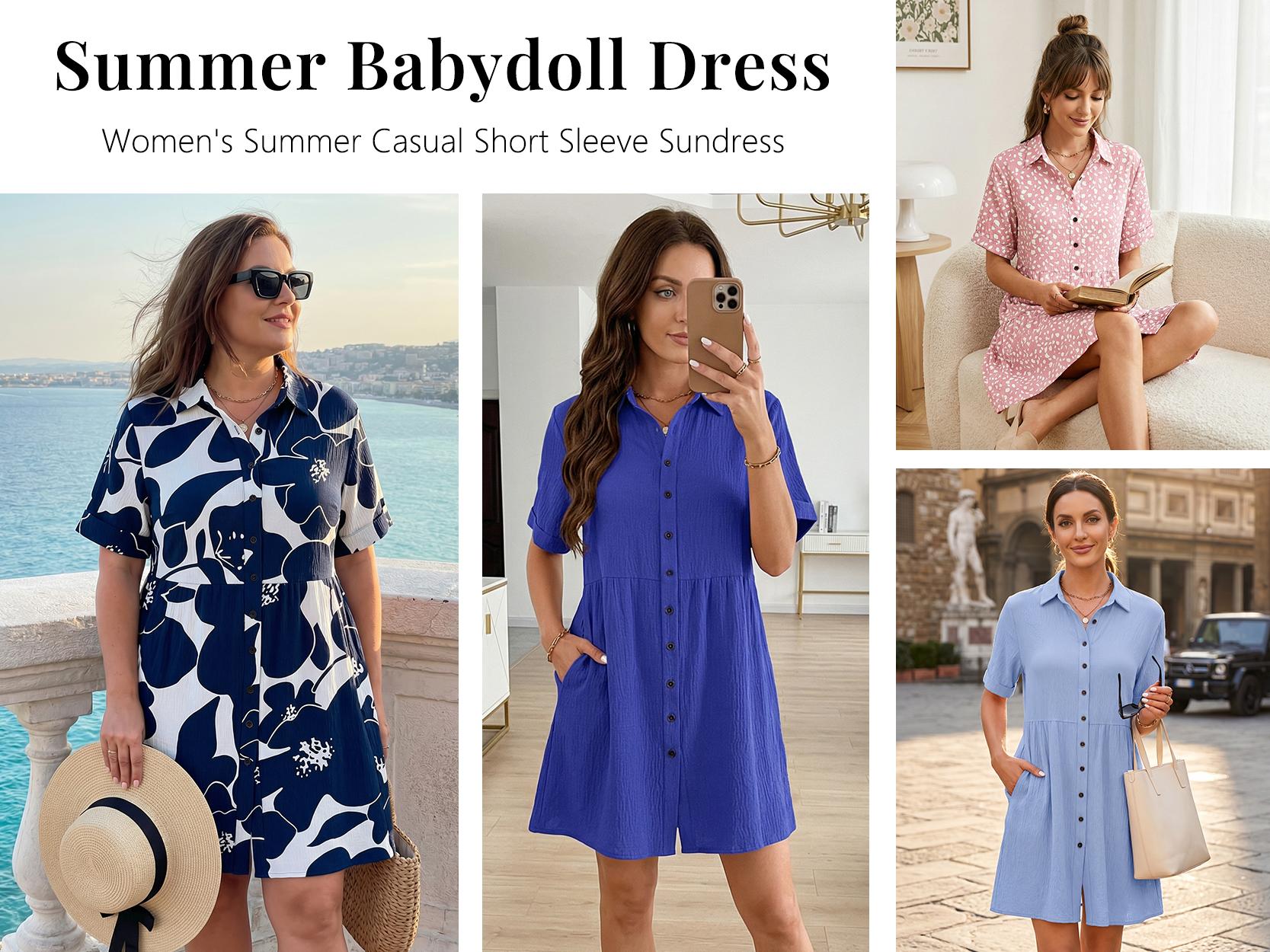 AUSELILY Babydoll Dress for Women Short Sleeve Button Down Textured Non-clingy Loose Fit Flowy Mini Dress with Pockets 2026 New Summer Dress AUSELILY Babydoll Dress for Women Short Sleeve Button Down Textured Non-clingy Loose Fit Flowy Mini Dress with Pockets 2026 New Summer Dress