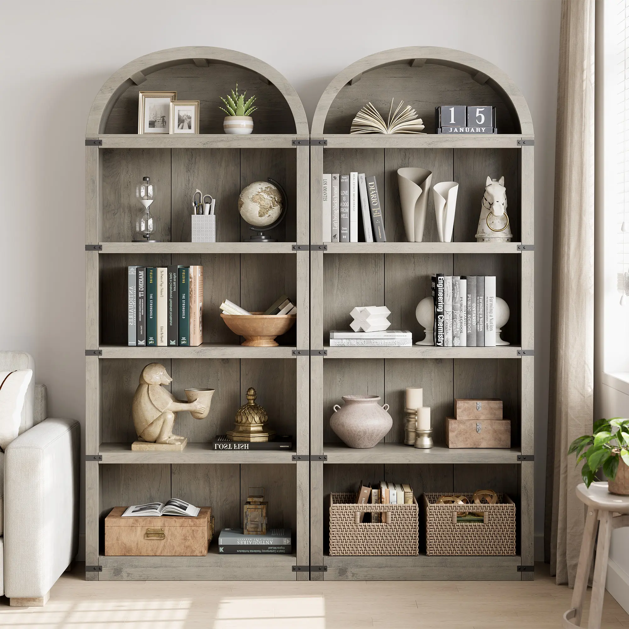 Arched Top Wooden Bookshelf with Storage Doors, Tall Farmhouse Display Cabinet for Home Office and Living Room