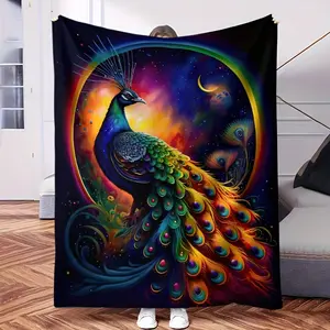 Starry Sky Peacock Flannel Blanket, Ultra-Soft Plush Throw with Vibrant Cosmic Peacock Print, Cozy Warm Fleece Blanket for Couch Bed, Perfect Gift for Peacock Lovers & Fantasy Fans, All-Season Comfort