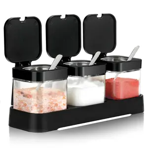 Clear Glass Condiment Canisters Pots, 1 Set Including 3 Counts Condiment Jar Spice Container with Lid & 3 Counts Spoon, Seasoning Box Set for Kitchen Utensils