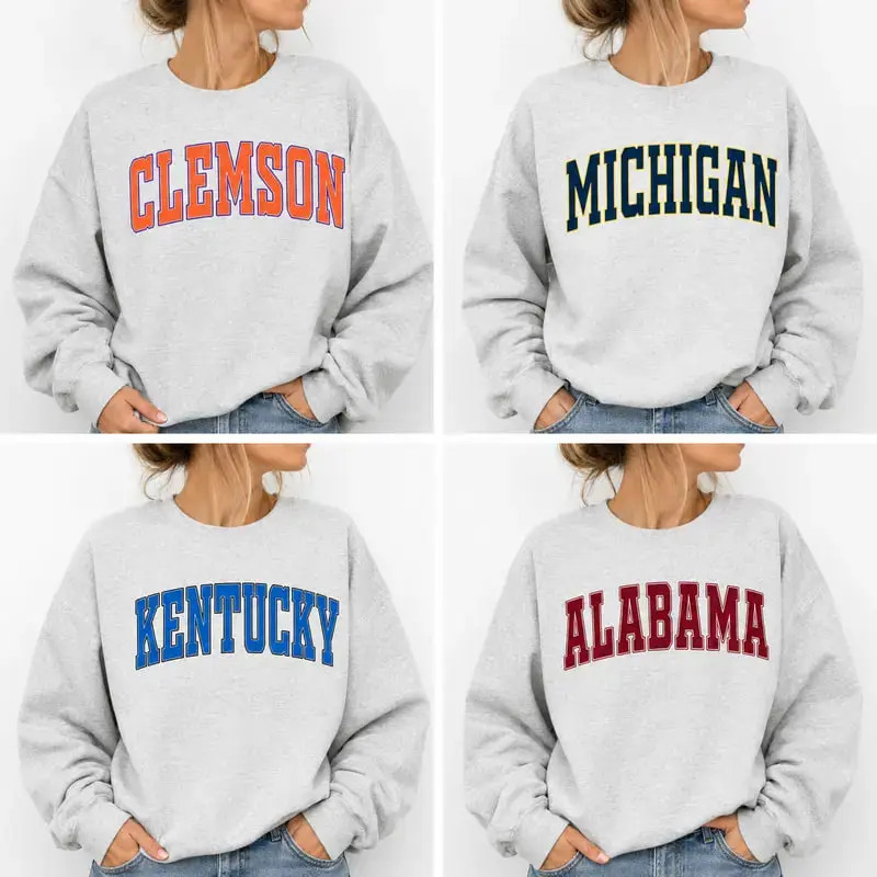 Clemson Michigan Kentucky Alabama Sweatshirt - Gray Crewneck with Bold Lettering - Perfect for Fans